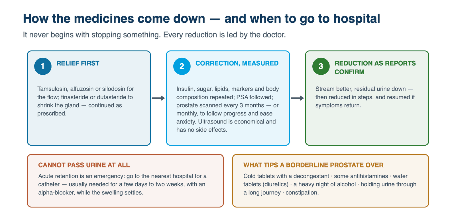 Three steps — relief first, correction measured with scans every three months or monthly, reduction as reports confirm — with boxes on acute retention as an emergency and on what tips a borderline prostate over.