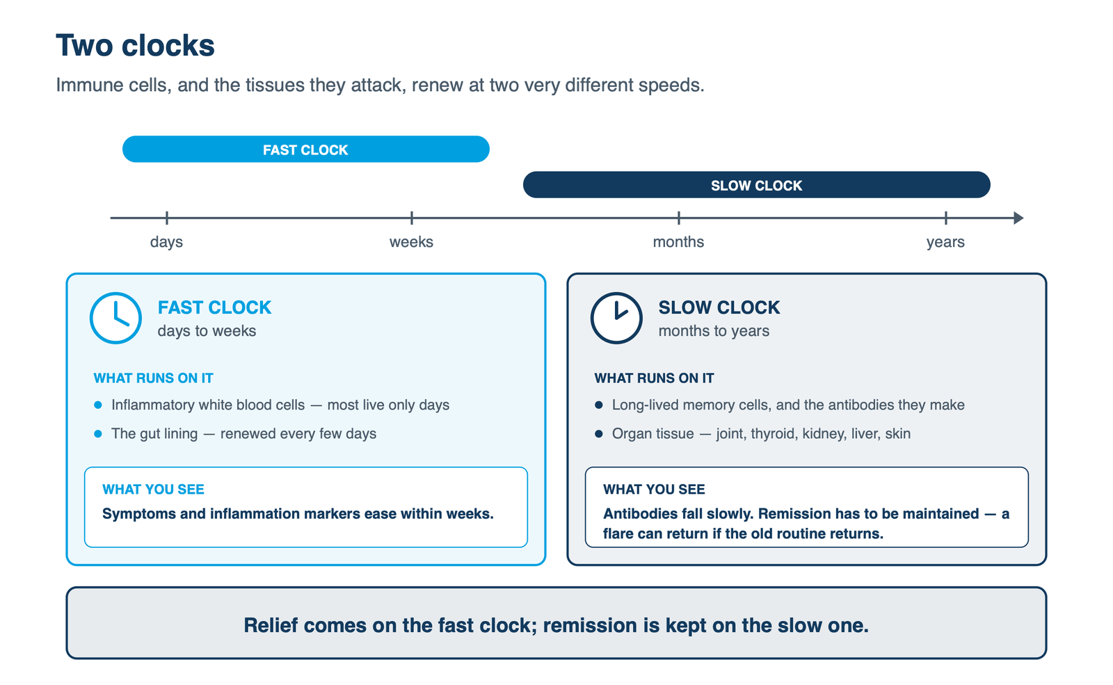 Two clocks: relief comes on the fast clock; remission is kept on the slow one